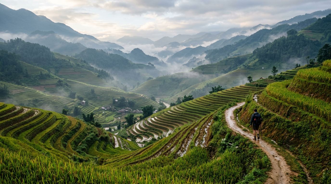 Paisaje del norte de Vietnam en octubre y noviembre con arrozales y montañas