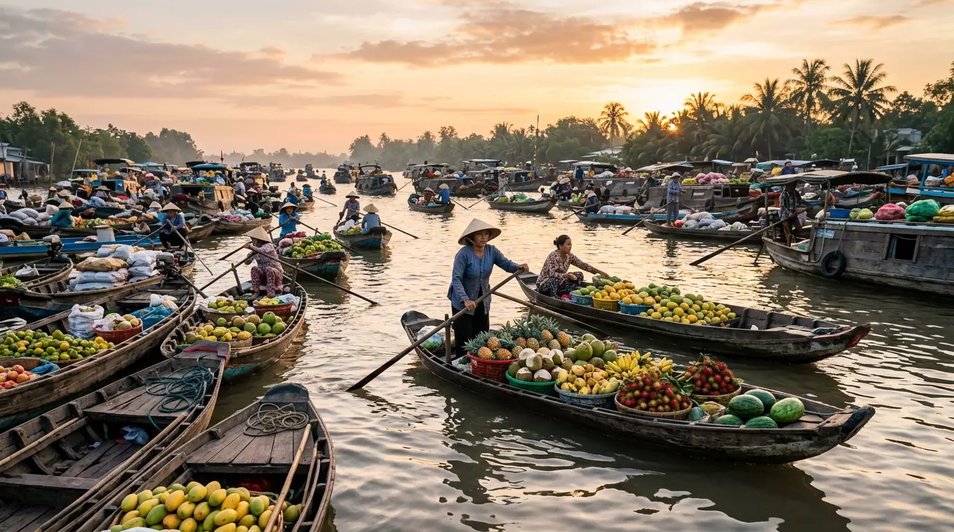 Mercado flotante en Vietnam al amanecer con barcas cargadas de fruta