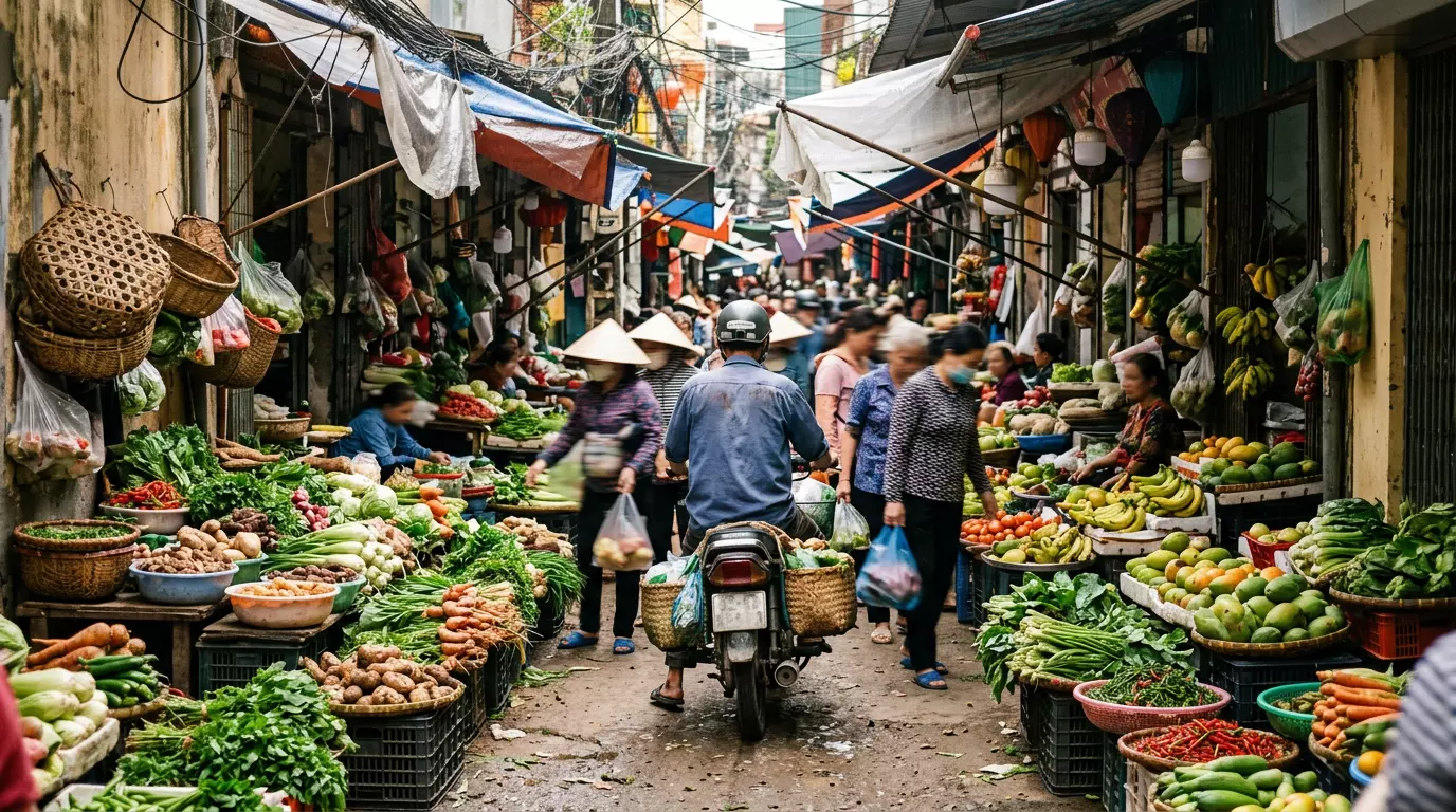 Pasillo de mercado en Vietnam con motos y puestos de verduras