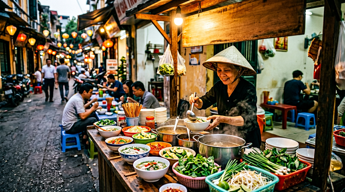 Comida callejera en Vietnam en un puesto tradicional con sopas y hierbas frescas